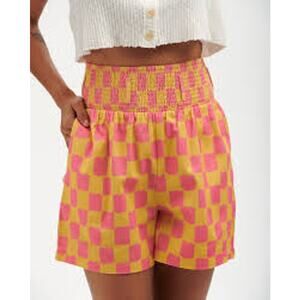 Lucy & Yak Battenberg Shorts Yellow Pink Checkered Print High Rise